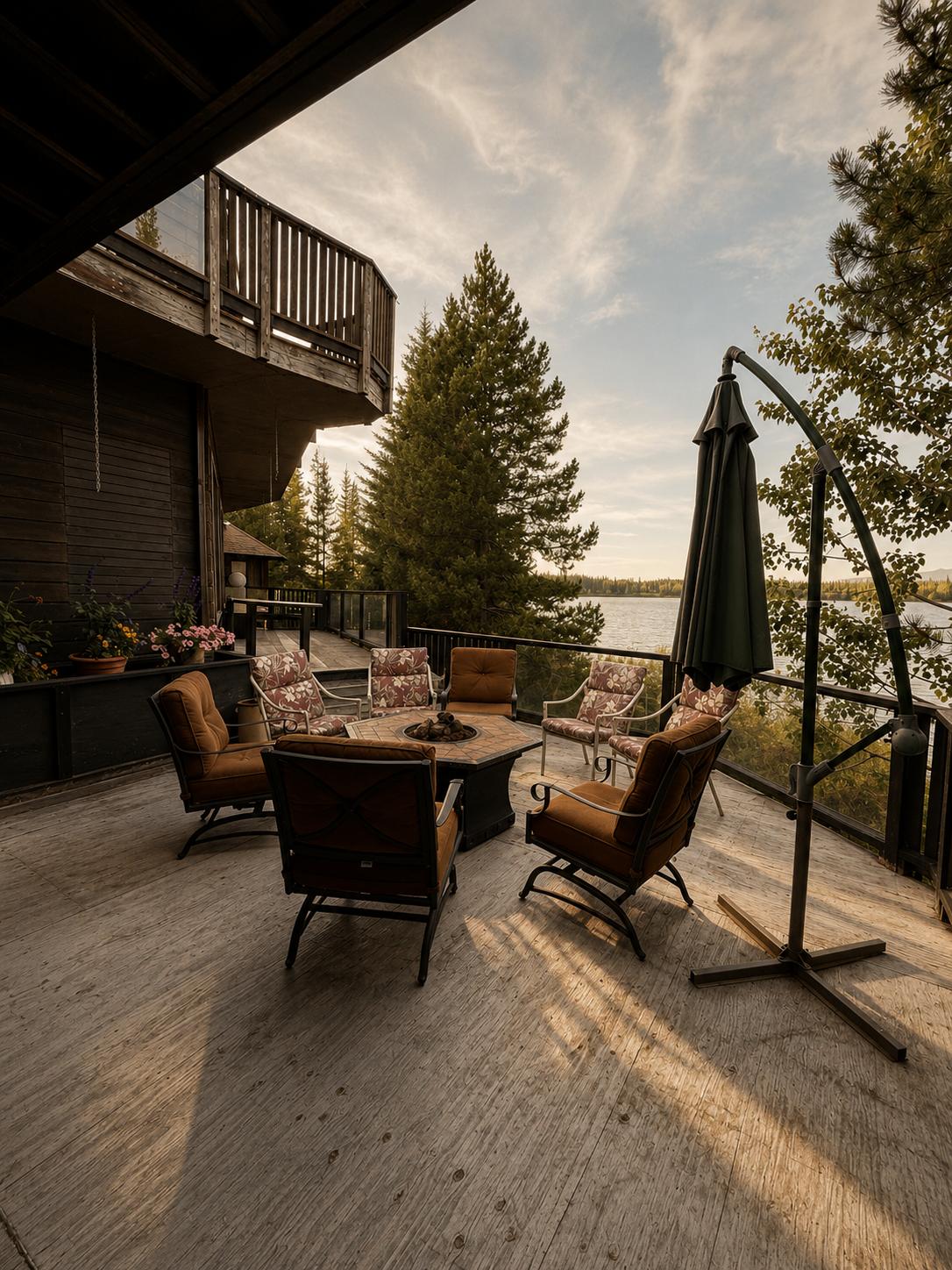 The lodge deck at golden hour: chairs drawn around a fire table, the balcony above, and Anahim Lake beyond the spruce.