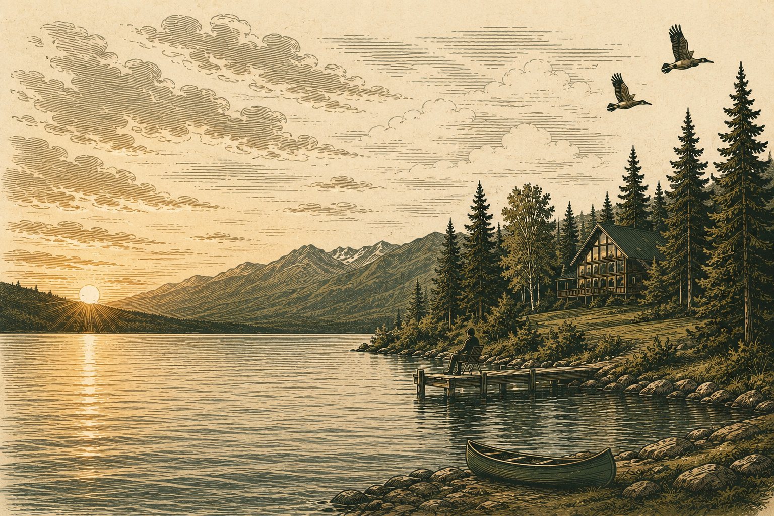 An engraved illustration of Anahim Lake at sunset: the lodge among the spruce above
            a dock, a canoe drawn up on the shore, geese crossing overhead and the mountains
            running away to the west.