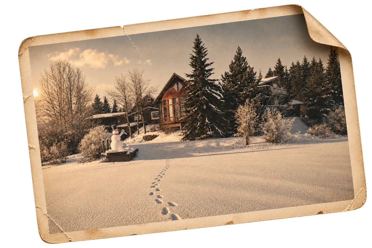 The lodge seen across the frozen lake in
               winter, a line of footprints crossing the snow towards a snowman, as a weathered
               print.